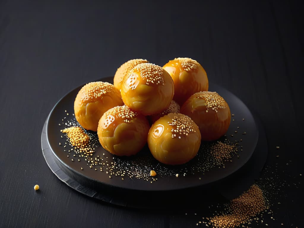  An ultradetailed closeup image of golden, crispy Luqaimat balls freshly fried to perfection, glistening with a light drizzle of honey and sprinkled with sesame seeds, set against a sleek, black background. Each ball showcases intricate textures and patterns, capturing the essence of this Middle Eastern and African delicacy in a minimalistic yet captivating way. hyperrealistic, full body, detailed clothing, highly detailed, cinematic lighting, stunningly beautiful, intricate, sharp focus, f/1. 8, 85mm, (centered image composition), (professionally color graded), ((bright soft diffused light)), volumetric fog, trending on instagram, trending on tumblr, HDR 4K, 8K