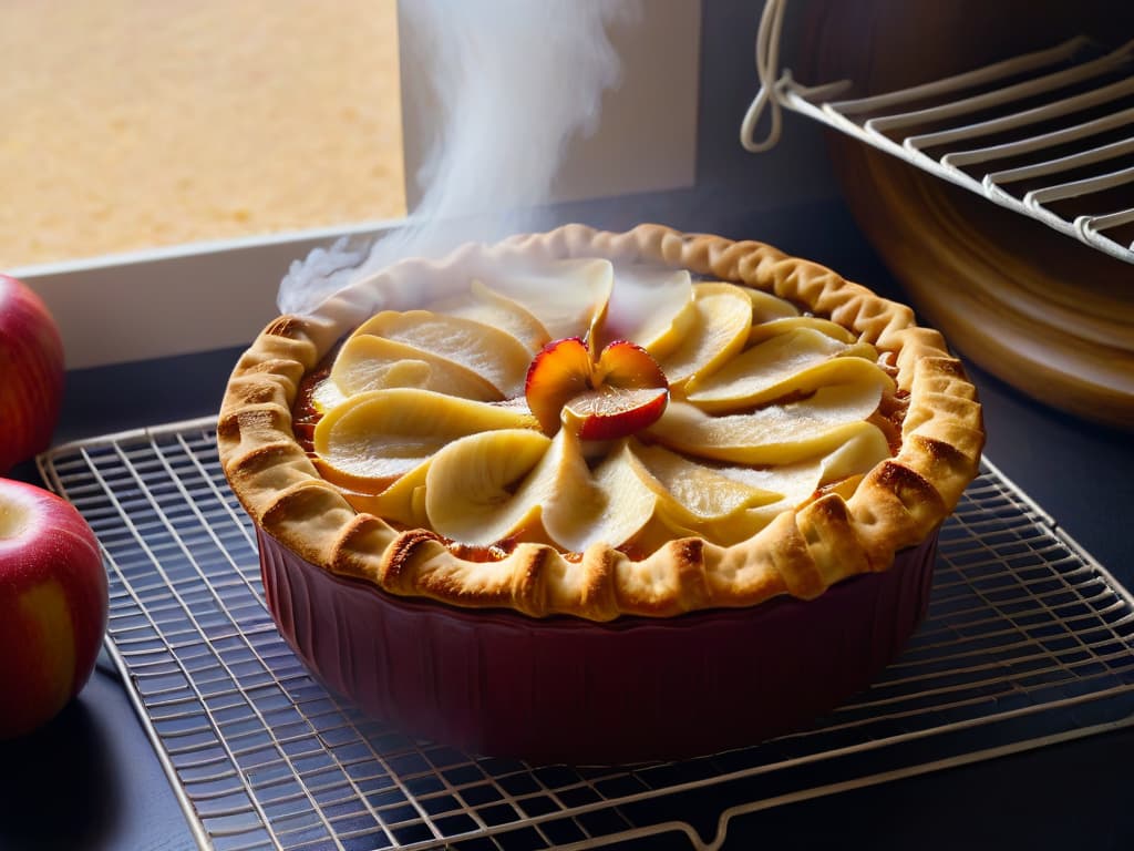  A closeup, ultradetailed image of a perfectly goldenbrown apple pie cooling on a wire rack, with wisps of steam gently rising from the bubbling fruit filling, the lattice crust intricately woven and glistening in the soft light, showcasing the epitome of homemade baking perfection. hyperrealistic, full body, detailed clothing, highly detailed, cinematic lighting, stunningly beautiful, intricate, sharp focus, f/1. 8, 85mm, (centered image composition), (professionally color graded), ((bright soft diffused light)), volumetric fog, trending on instagram, trending on tumblr, HDR 4K, 8K