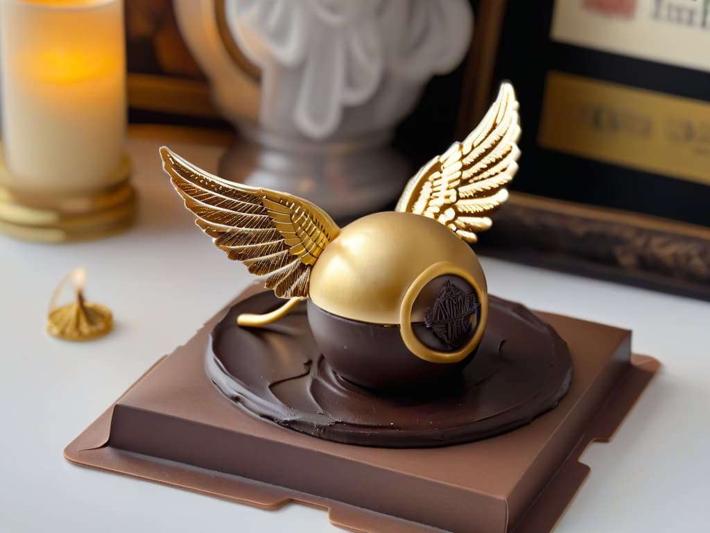  An ultradetailed, 8k resolution image of a single golden snitch made out of intricate, shimmering caramelized sugar, resting on a bed of dark, mysticallooking chocolate ganache, with tiny flecks of edible gold leaf delicately placed on top. The snitch is flawlessly crafted, showcasing its delicate wings and intricate details, evoking a sense of magic and wonder. The background is a soft focus, blurred image of a dimly lit Hogwarts Great Hall, adding an air of mystery and enchantment to the scene. hyperrealistic, full body, detailed clothing, highly detailed, cinematic lighting, stunningly beautiful, intricate, sharp focus, f/1. 8, 85mm, (centered image composition), (professionally color graded), ((bright soft diffused light)), volumetric fog, trending on instagram, trending on tumblr, HDR 4K, 8K