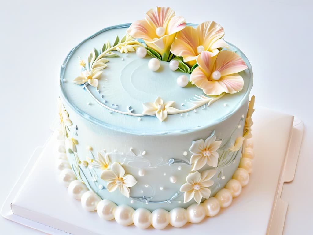  A closeup, ultradetailed image of a beautifully decorated cake with intricate piping details in pastel colors, set against a simple, clean white background. The cake is adorned with delicate flowers made of frosting, shimmering edible pearls, and elegant swirls, showcasing the artistry and precision of pastry decoration. The image highlights the skill and creativity required to excel in the world of pastry arts, appealing to the viewer's desire for aesthetic perfection and culinary inspiration. hyperrealistic, full body, detailed clothing, highly detailed, cinematic lighting, stunningly beautiful, intricate, sharp focus, f/1. 8, 85mm, (centered image composition), (professionally color graded), ((bright soft diffused light)), volumetric fog, trending on instagram, trending on tumblr, HDR 4K, 8K