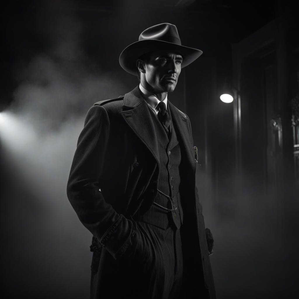  film noir style Bitcoin Apache. . monochrome, high contrast, dramatic shadows, 1940s style, mysterious, cinematic hyperrealistic, full body, detailed clothing, highly detailed, cinematic lighting, stunningly beautiful, intricate, sharp focus, f/1. 8, 85mm, (centered image composition), (professionally color graded), ((bright soft diffused light)), volumetric fog, trending on instagram, trending on tumblr, HDR 4K, 8K