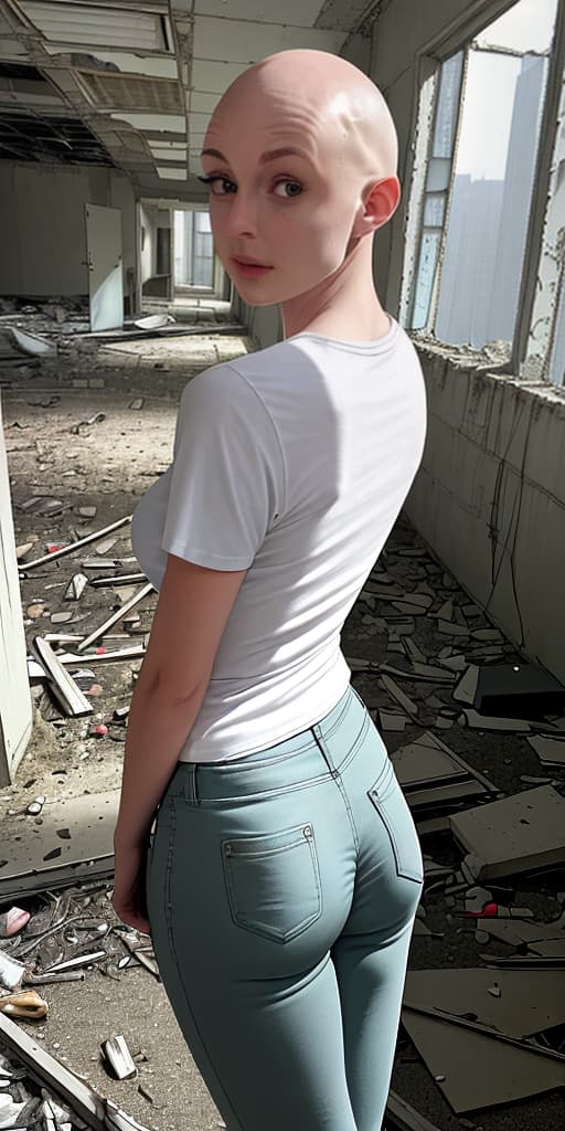  bald-girl, in a T-shirt, in pants, with her back, on the thresholds, posing, in an abandoned building, summer