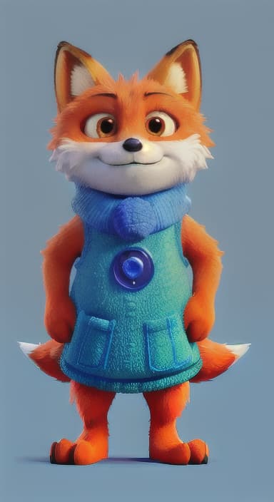  {Error the fox pressing the blue button with his paw, looking puzzled as nothing occurs., Error is a small, bright orange fox with a fluffy tail and big, inquisitive eyes. He has a mischievous yet kind expression and wears a tiny green scarf.