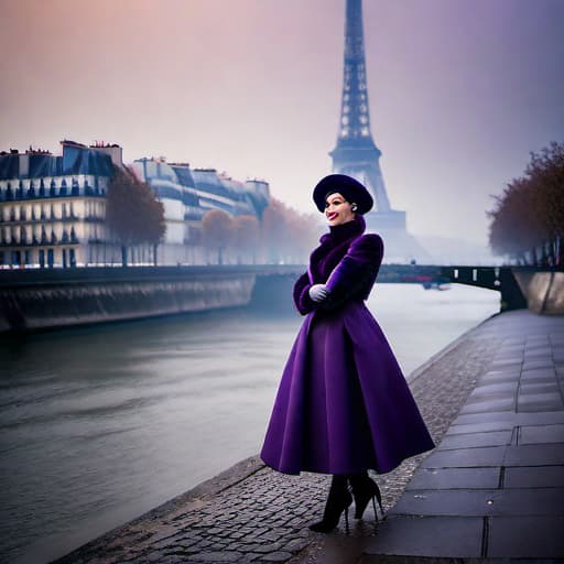  baguettes, Paris in the background, dark purple colors, hdr, highly detailed hyperrealistic, full body, detailed clothing, highly detailed, cinematic lighting, stunningly beautiful, intricate, sharp focus, f/1. 8, 85mm, (centered image composition), (professionally color graded), ((bright soft diffused light)), volumetric fog, trending on instagram, trending on tumblr, HDR 4K, 8K