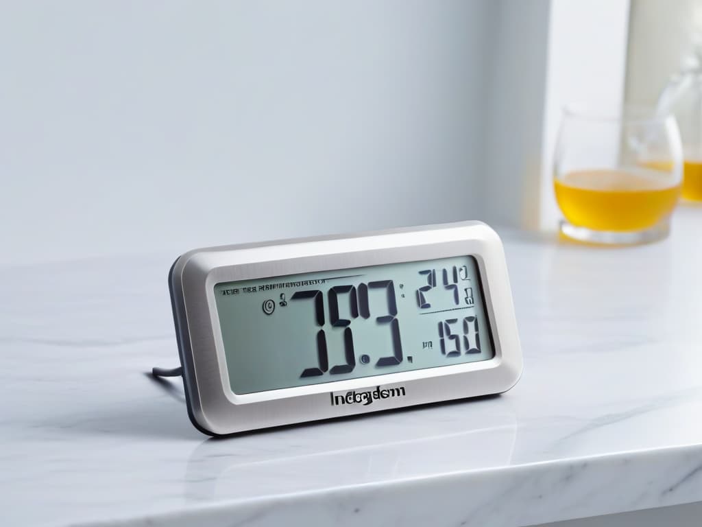  A minimalistic image of a sleek, silver digital kitchen thermometer resting on a pristine marble countertop, with soft natural light streaming in from a nearby window, casting a gentle shadow beside it. The thermometer's display shows a precise temperature reading, highlighted in crisp, easytoread digits, emphasizing accuracy and professionalism in baking. hyperrealistic, full body, detailed clothing, highly detailed, cinematic lighting, stunningly beautiful, intricate, sharp focus, f/1. 8, 85mm, (centered image composition), (professionally color graded), ((bright soft diffused light)), volumetric fog, trending on instagram, trending on tumblr, HDR 4K, 8K