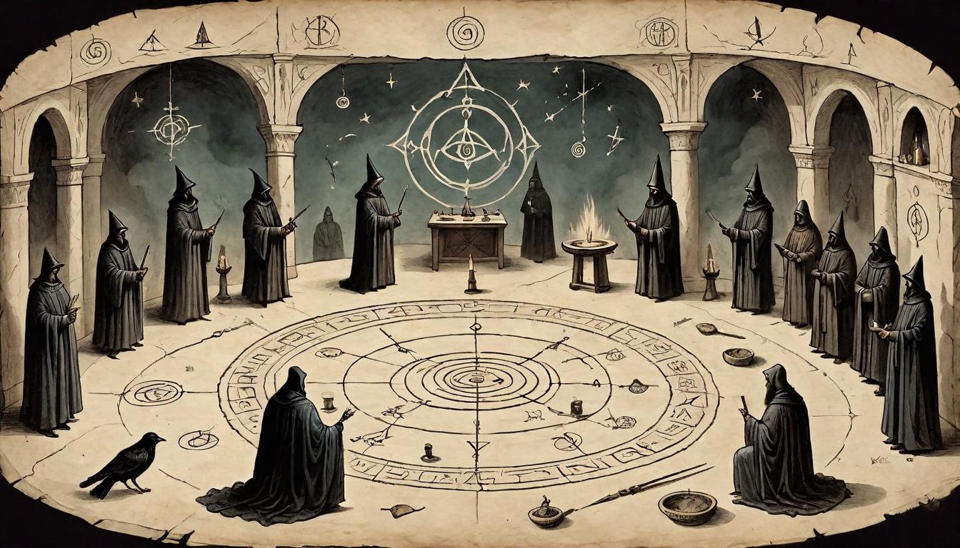  on parchment, surrealism+++, A circle of cloaked figures surrounding a small altar, arcane symbols etched on the ground, objects like hair or clothing on the altar, ritual in progress, intent of malice(mysterious, provocative, symbolic,muted color)+++