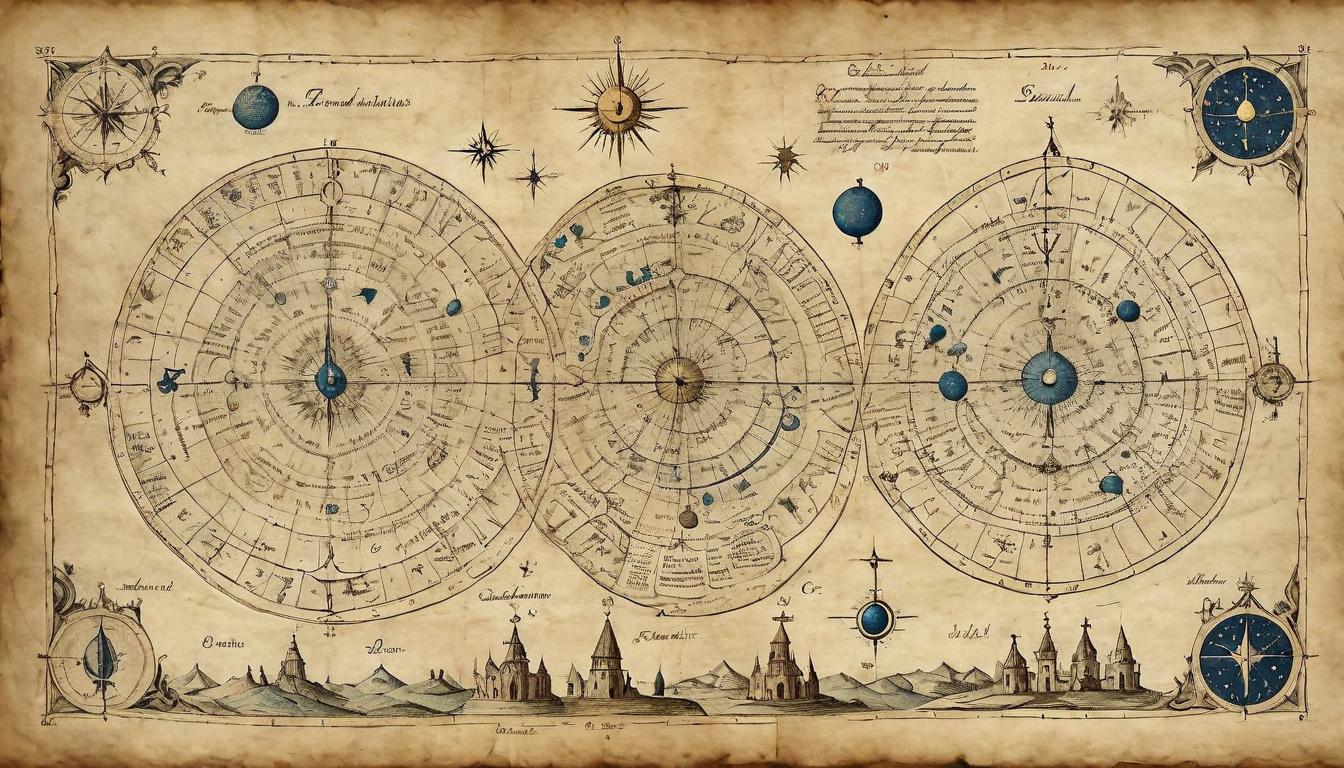  on parchment, surrealism+++, An ancient map with epochs and eras marked as destinations, constellations as guiding points, mystical chart, boundless itinerary, ancient parchment, timeless wisdom(mysterious, provocative, symbolic,muted color)+++