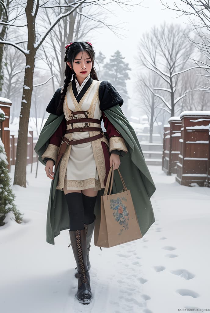  a woman in a dress and boots is walking through the snow, a detailed painting by Huang Guangjian, cgsociety, fantasy art, official art, rococo, full body , ADVERTISING PHOTO,high quality, good proportion, masterpiece , The image is captured with an 8k camera and edited using the latest digital tools to produce a flawless final result.