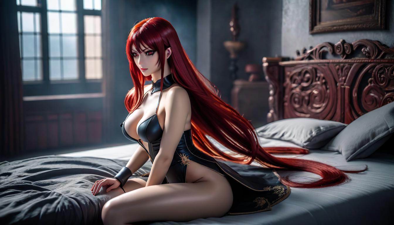  A Erza Skarlet((( very beautiful)),,((( large s))),long red hair,((( black eyes )),sits ,bedroom. hyperrealistic, full body, detailed clothing, highly detailed, cinematic lighting, stunningly beautiful, intricate, sharp focus, f/1. 8, 85mm, (centered image composition), (professionally color graded), ((bright soft diffused light)), volumetric fog, trending on instagram, trending on tumblr, HDR 4K, 8K