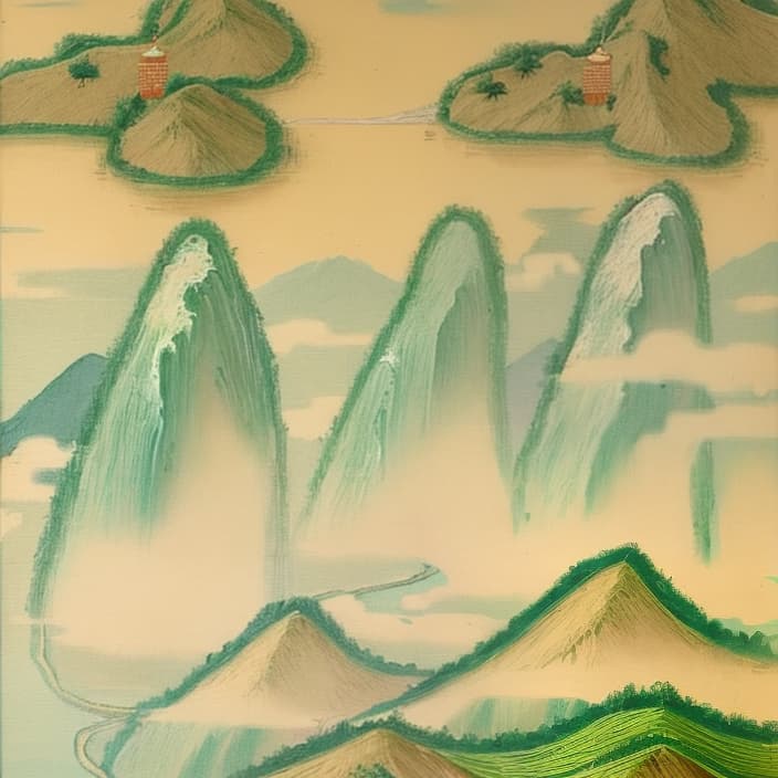  Chinese style landscape painting, mountains, rivers, clouds