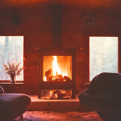 analog style "In the room of a cabin, a cozy fireplace, a cat is in front of the cozy fireplace."