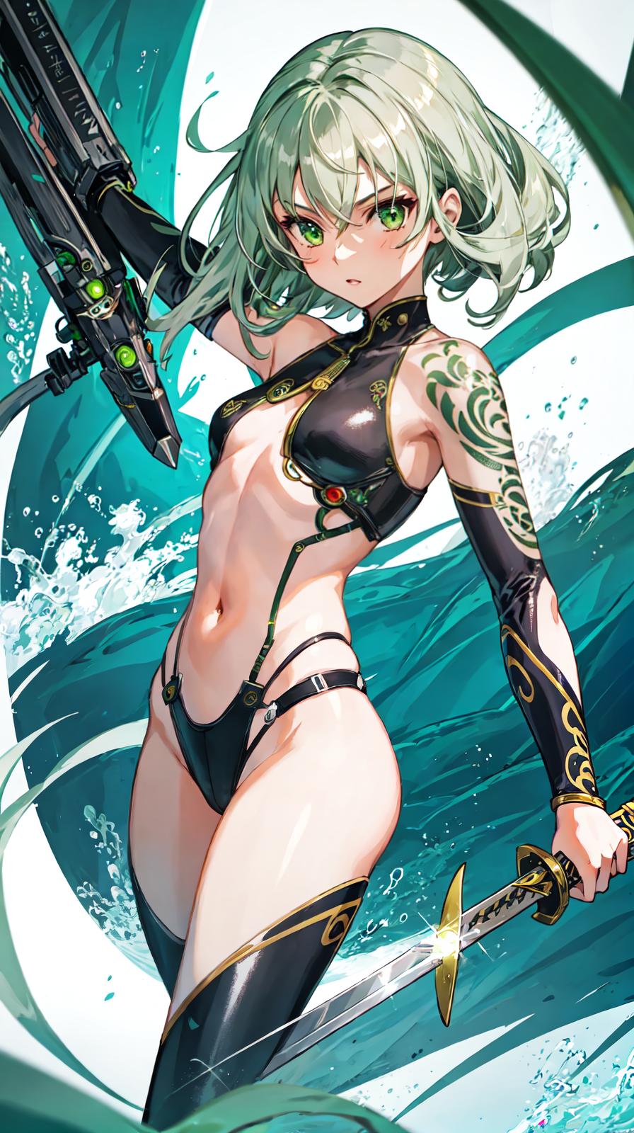  master piece , best quality,girl,(child),green eyes,medium hair,silver hair,cyborg ninja,mechanical japanese sword,serial number tattoo