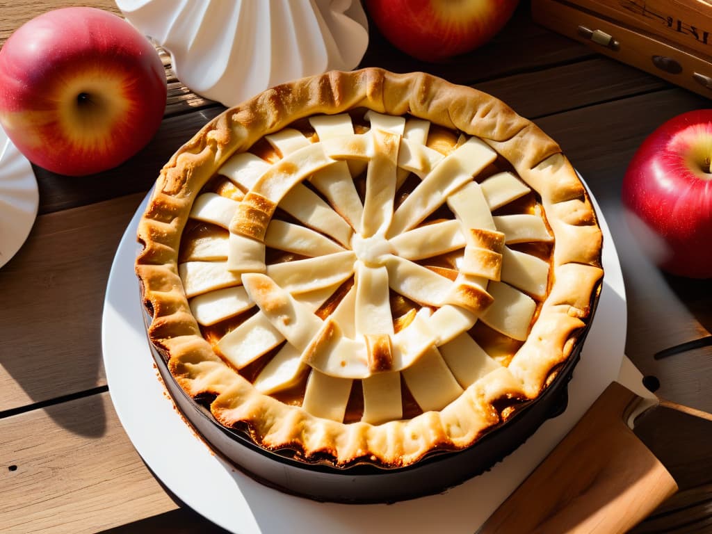  A highresolution, ultradetailed image of a perfectly golden and flaky apple pie, fresh out of the oven. The pie is displayed on a rustic wooden table, with a dollop of whipped cream melting gently on top. The lattice crust is intricately woven, showcasing the craftsmanship and attention to detail that goes into creating this classic dessert. The warm, inviting colors and the steam rising from the pie evoke a sense of comfort and nostalgia, making it a timeless symbol of traditional baking. hyperrealistic, full body, detailed clothing, highly detailed, cinematic lighting, stunningly beautiful, intricate, sharp focus, f/1. 8, 85mm, (centered image composition), (professionally color graded), ((bright soft diffused light)), volumetric fog, trending on instagram, trending on tumblr, HDR 4K, 8K