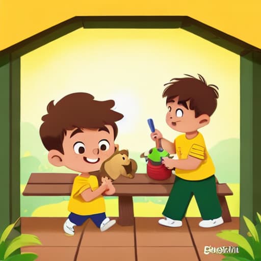  1boy, short brown hair, yellow shirt, green pants, bench, a brown bear