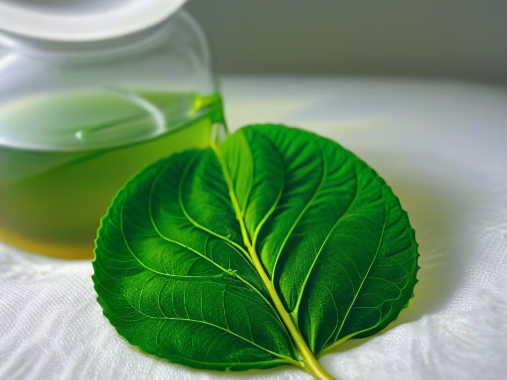  A closeup, ultradetailed image of a delicate and intricate green tea leaf unfurling as it steeps in hot water, showcasing the vibrant hues and natural patterns of the leaf in stunning clarity. hyperrealistic, full body, detailed clothing, highly detailed, cinematic lighting, stunningly beautiful, intricate, sharp focus, f/1. 8, 85mm, (centered image composition), (professionally color graded), ((bright soft diffused light)), volumetric fog, trending on instagram, trending on tumblr, HDR 4K, 8K