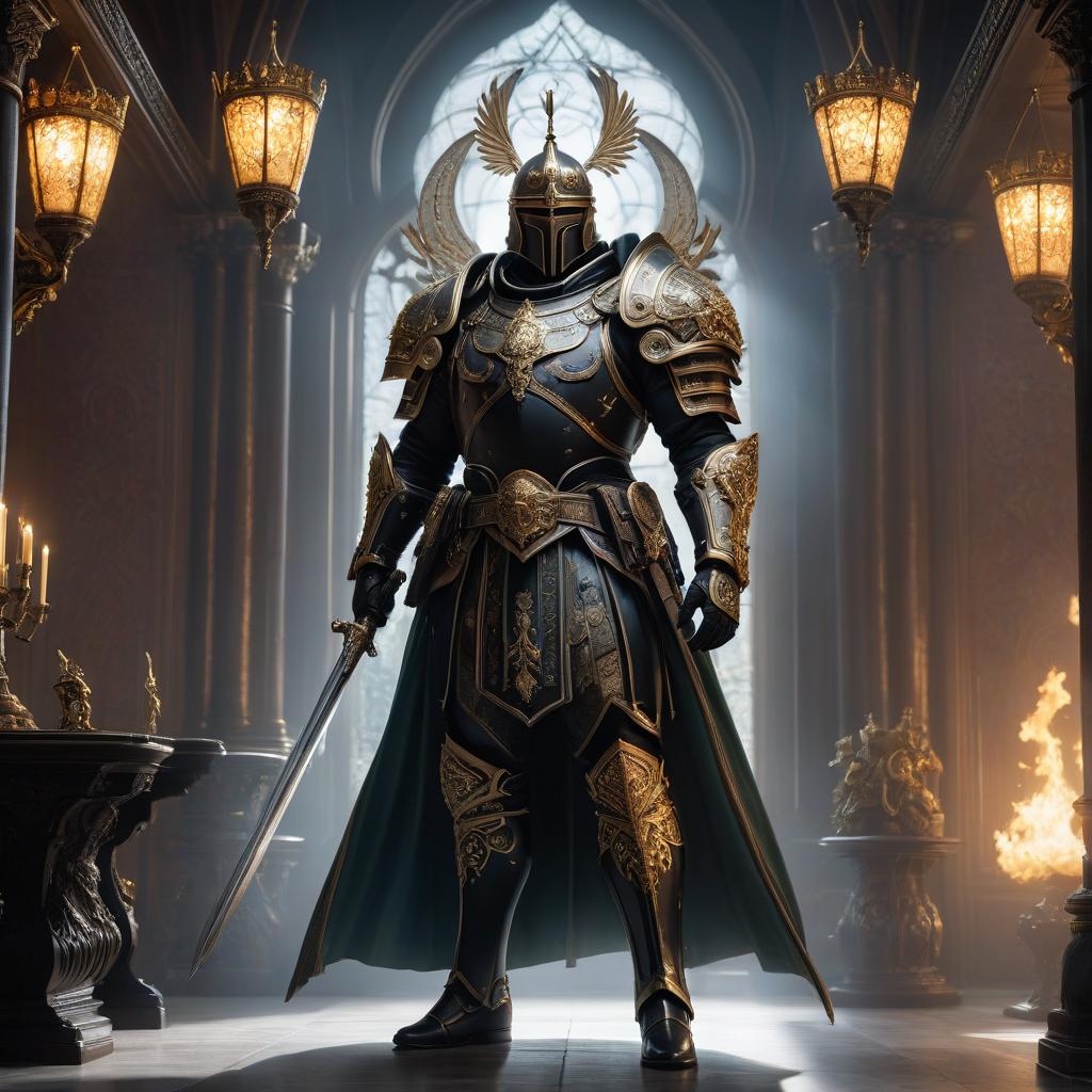  ethereal fantasy concept art of The Guardsman of Death holds an alabard in his hands. His armor is alive, completely black. He stands in the hall of the throne. . magnificent, celestial, ethereal, painterly, epic, majestic, magical, fantasy art, cover art, dreamy hyperrealistic, full body, detailed clothing, highly detailed, cinematic lighting, stunningly beautiful, intricate, sharp focus, f/1. 8, 85mm, (centered image composition), (professionally color graded), ((bright soft diffused light)), volumetric fog, trending on instagram, trending on tumblr, HDR 4K, 8K