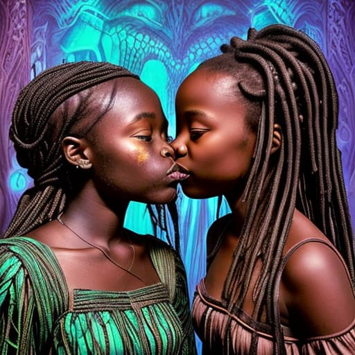  Alice and a African girl kissing at a wild drinking party, stable diffusion, absolute reality v1.6, in the style of and hr giger