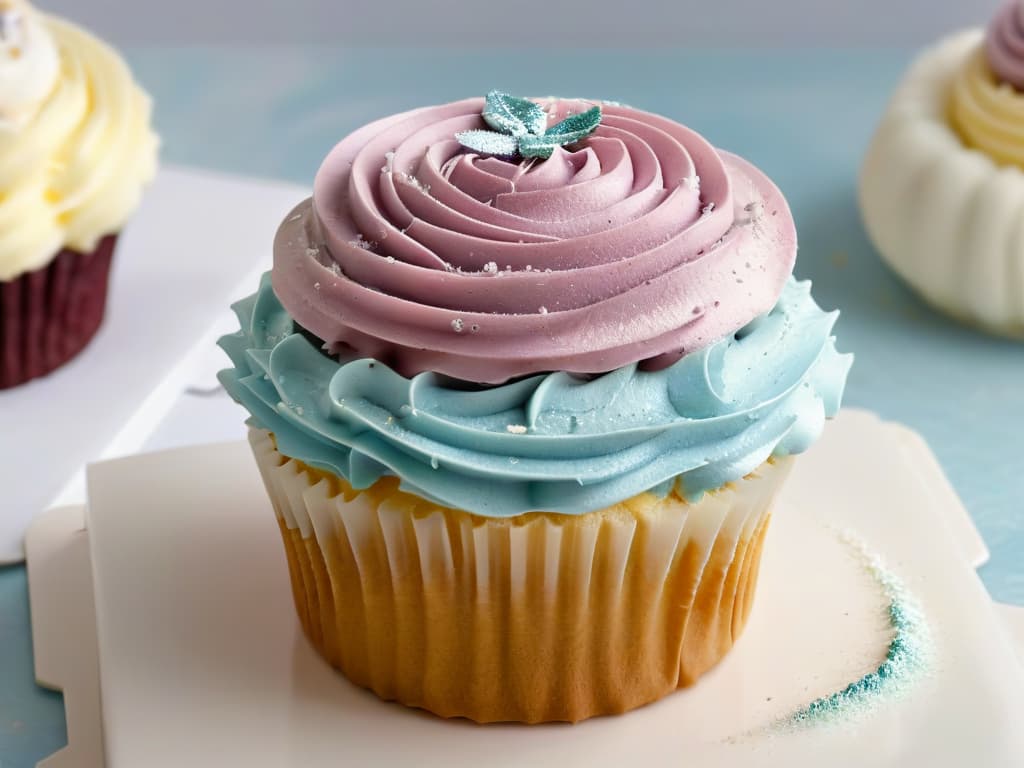  An ultracloseup of a perfectly frosted cupcake, topped with delicate pastelcolored buttercream swirls and a sprinkle of edible glitter. The focus is so sharp that every tiny sugar crystal and swirl detail is incredibly defined, showcasing the artistry of the pastry chef. The background is a soft, outoffocus blur to emphasize the meticulous craftsmanship of the cupcake. hyperrealistic, full body, detailed clothing, highly detailed, cinematic lighting, stunningly beautiful, intricate, sharp focus, f/1. 8, 85mm, (centered image composition), (professionally color graded), ((bright soft diffused light)), volumetric fog, trending on instagram, trending on tumblr, HDR 4K, 8K