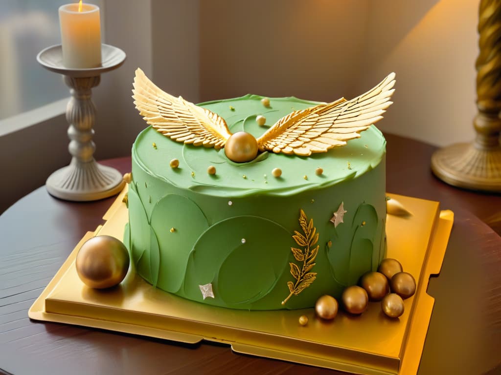  A mesmerizing and minimalist image of a golden snitchinspired cake sitting on a wooden table. The cake is intricately decorated with edible gold flakes and delicate wings made of sugar, capturing the essence of the magical world of Harry Potter. The background is softly blurred, emphasizing the exquisite details of the cake and creating a sense of enchantment and wonder. hyperrealistic, full body, detailed clothing, highly detailed, cinematic lighting, stunningly beautiful, intricate, sharp focus, f/1. 8, 85mm, (centered image composition), (professionally color graded), ((bright soft diffused light)), volumetric fog, trending on instagram, trending on tumblr, HDR 4K, 8K