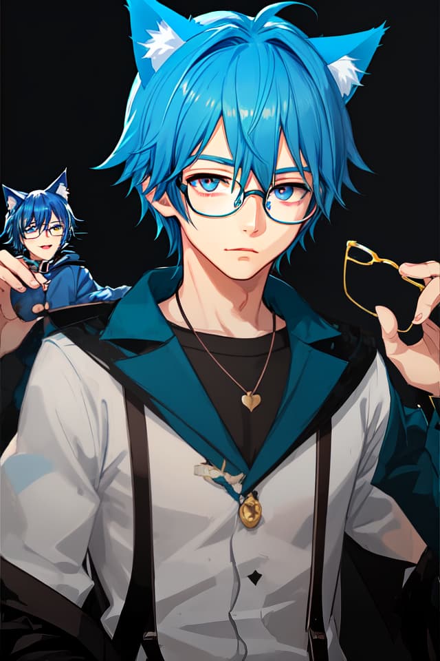  Blue hair, glasses, men, cat ears, Shota