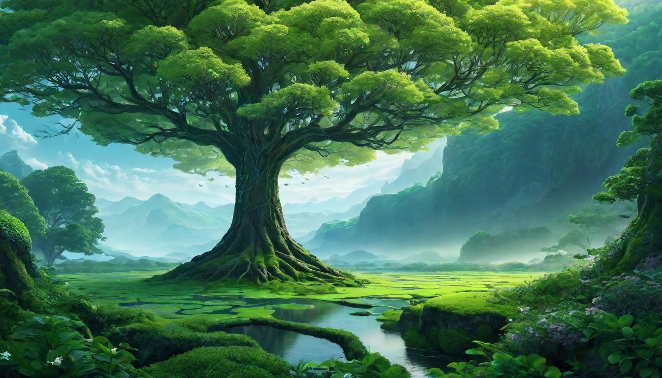  digital illustration A serene landscape merging technology and nature, digital trees bloom with light, roots intertwine with circuits, growth and innovation, blending harmoniously, dawn of a new symbiosis, peaceful coexistence looking at viewer, dynamic pose, (intricate details, masterpiece, best quality)