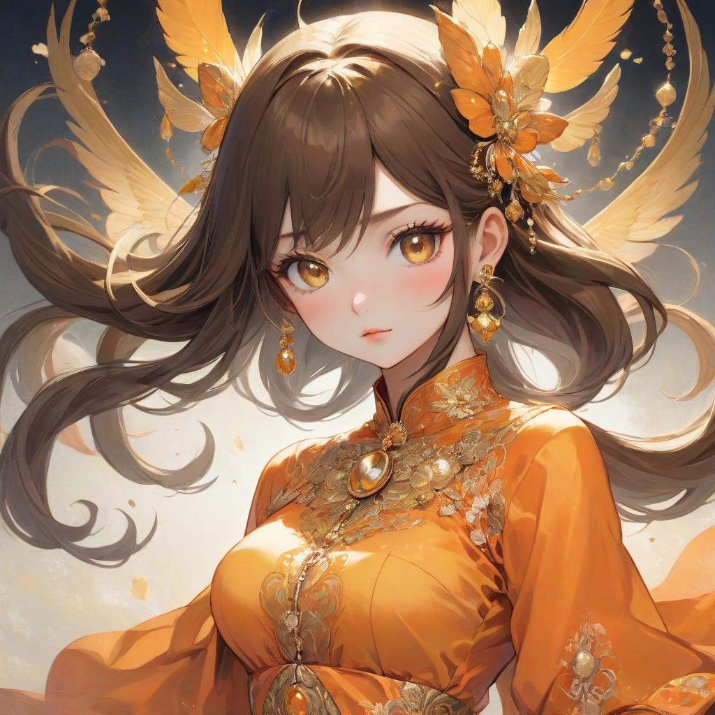  abstract expressionist painting A cartoon girl in an orange costume with gold jewelry, in the style of miho hirano, light yellow and dark brown, close up, traditional costumes, childlike simplicity, comic art, tondo . energetic brushwork, bold colors, abstract forms, expressive, emotional hyperrealistic, full body, detailed clothing, highly detailed, cinematic lighting, stunningly beautiful, intricate, sharp focus, f/1. 8, 85mm, (centered image composition), (professionally color graded), ((bright soft diffused light)), volumetric fog, trending on instagram, trending on tumblr, HDR 4K, 8K