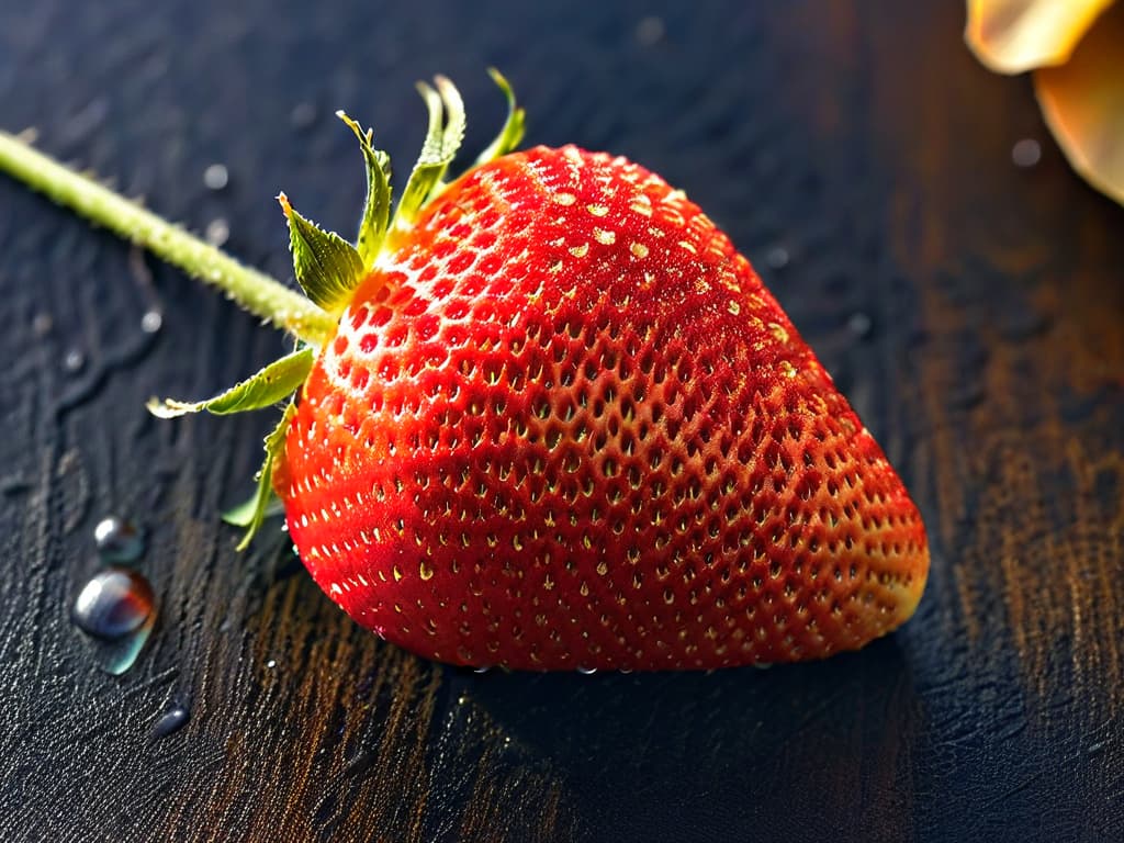  An ultradetailed closeup image of a perfectly ripe organic strawberry, glistening with dew drops under the sunlight, showcasing its vibrant red color and intricate seeds. hyperrealistic, full body, detailed clothing, highly detailed, cinematic lighting, stunningly beautiful, intricate, sharp focus, f/1. 8, 85mm, (centered image composition), (professionally color graded), ((bright soft diffused light)), volumetric fog, trending on instagram, trending on tumblr, HDR 4K, 8K