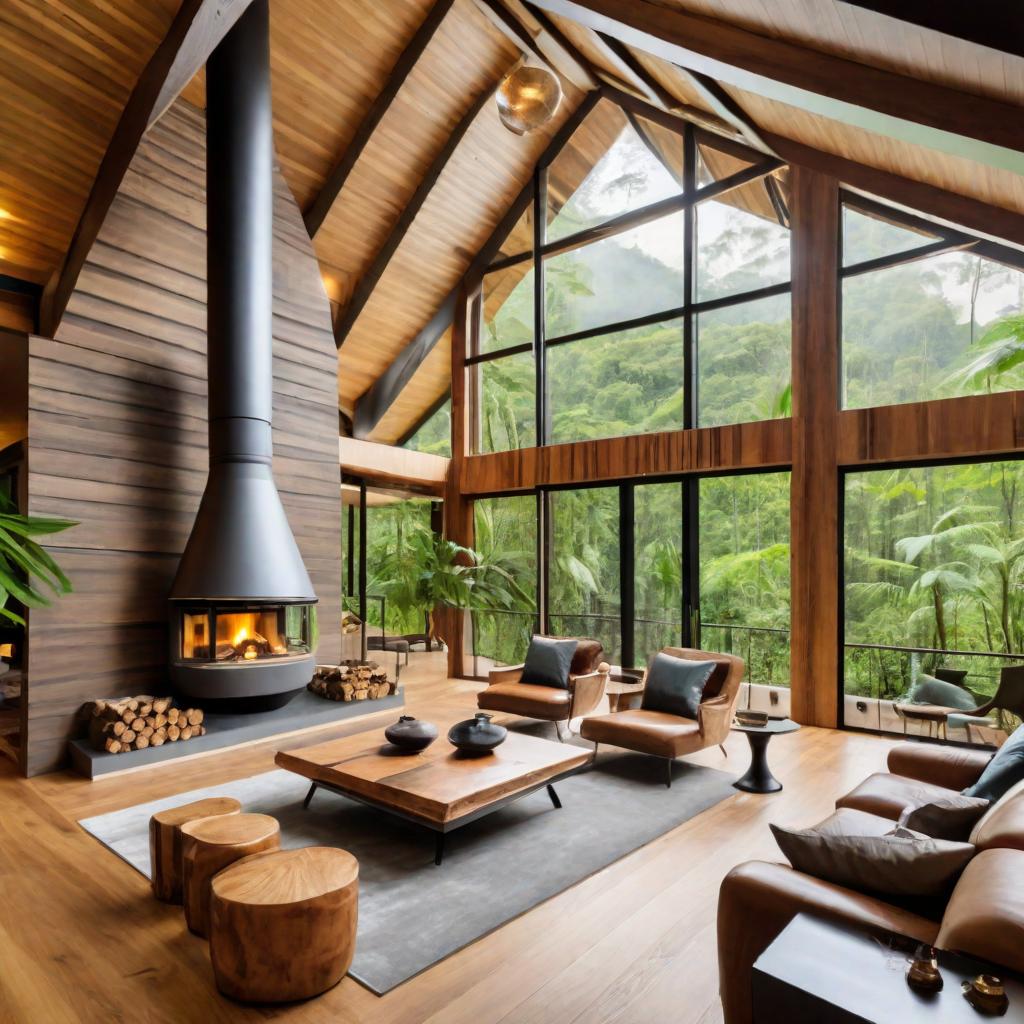  luxury apartment in the rainforest, wood texture, large cabin, fireplace