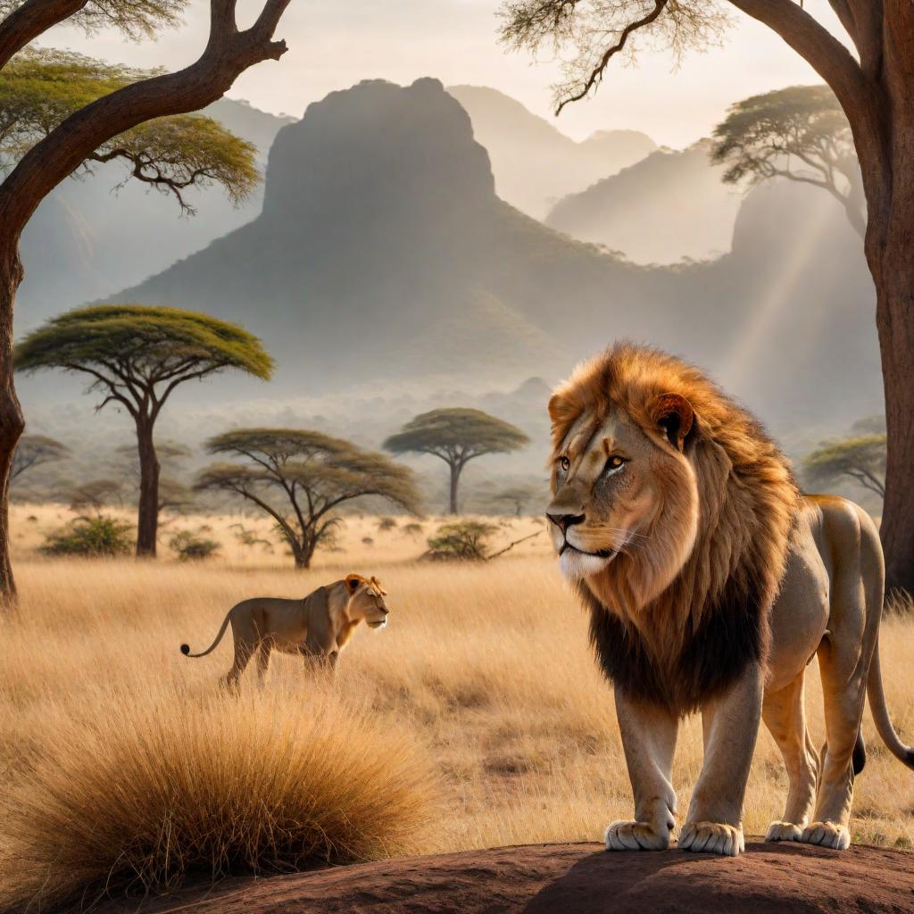  A majestic lion standing proudly within the African savanna. In its eye, a reflection of the map of South America with a distinct oak tree specifically marking the location of Peru. hyperrealistic, full body, detailed clothing, highly detailed, cinematic lighting, stunningly beautiful, intricate, sharp focus, f/1. 8, 85mm, (centered image composition), (professionally color graded), ((bright soft diffused light)), volumetric fog, trending on instagram, trending on tumblr, HDR 4K, 8K