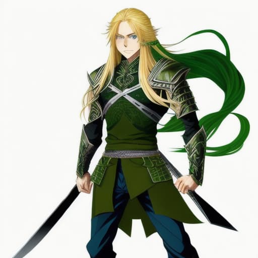  A detailed anime full body portrait of a male warrior with long blonde hair and blue eyes wearing evil green