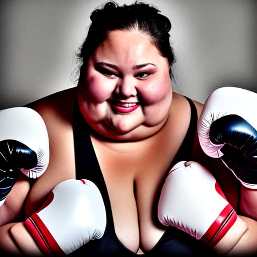 portrait+ style a fat woman, with boxing gloves, struggling against a scale