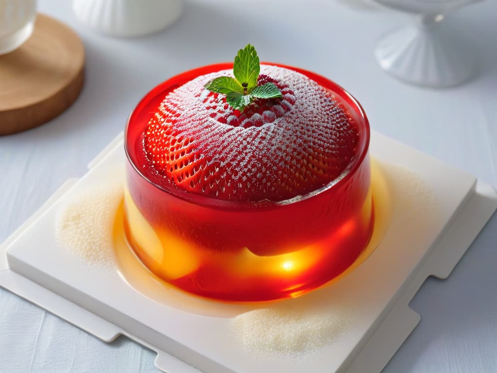  A closeup, ultradetailed image of a perfectly set and shimmering strawberry gelatin dessert, showcasing the intricate details of the glistening surface and the vibrant red hue of the fruit embedded within the translucent jelly. hyperrealistic, full body, detailed clothing, highly detailed, cinematic lighting, stunningly beautiful, intricate, sharp focus, f/1. 8, 85mm, (centered image composition), (professionally color graded), ((bright soft diffused light)), volumetric fog, trending on instagram, trending on tumblr, HDR 4K, 8K