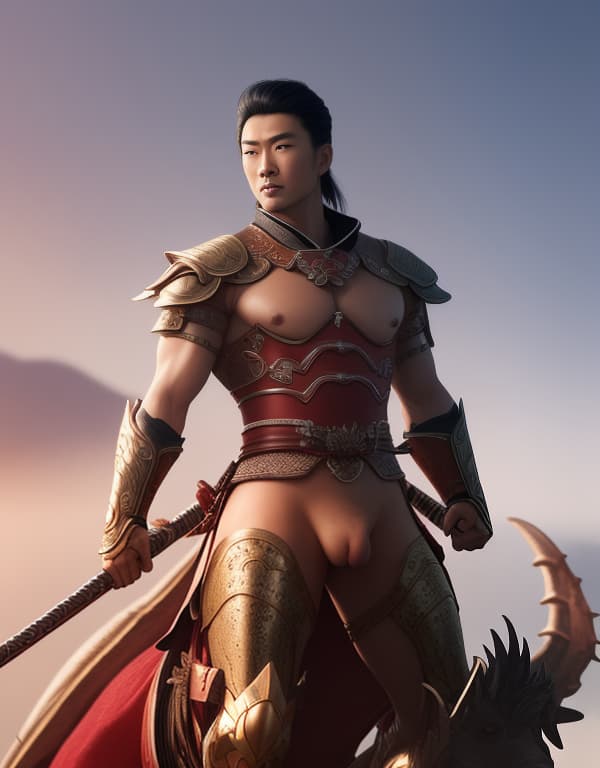  young Chinese samurai riding on a giant dragon，naked whole body，gay，Asian，Asiatic，whole body，student of physical education，naked whole body, big bulge，Asian，naked whole body，whole body， hyperrealistic, full body, detailed clothing, highly detailed, cinematic lighting, stunningly beautiful, intricate, sharp focus, f/1. 8, 85mm, (centered image composition), (professionally color graded), ((bright soft diffused light)), volumetric fog, trending on instagram, trending on tumblr, HDR 4K, 8K