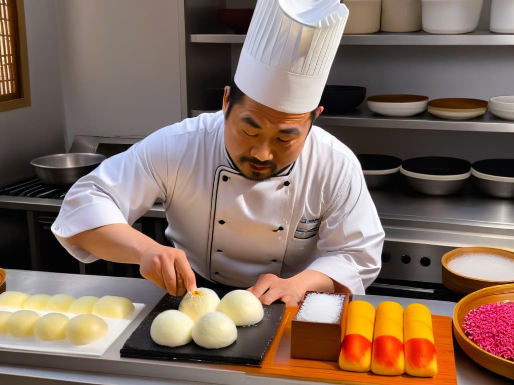  A highresolution photorealistic image of a skilled Japanese chef delicately crafting a variety of traditional and innovative mochi desserts. The chef is focused, surrounded by an array of colorful ingredients and tools, showcasing the meticulous artistry and precision required to master the art of mochimaking. The scene is set in a beautifully lit traditional Japanese kitchen, with steam rising from the freshly made mochi, creating a visually captivating and inspiring image for the readers. hyperrealistic, full body, detailed clothing, highly detailed, cinematic lighting, stunningly beautiful, intricate, sharp focus, f/1. 8, 85mm, (centered image composition), (professionally color graded), ((bright soft diffused light)), volumetric fog, trending on instagram, trending on tumblr, HDR 4K, 8K