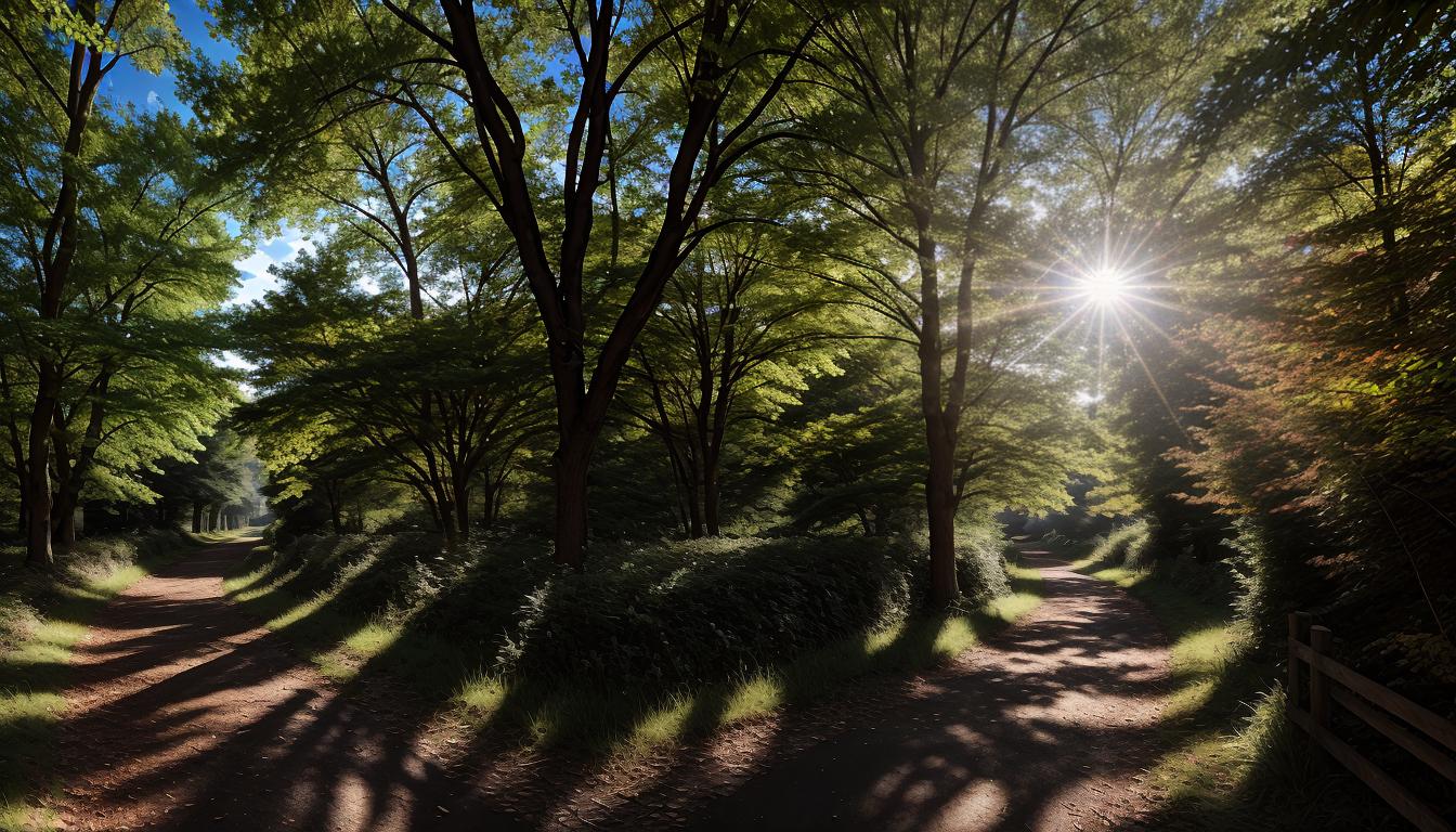  cinematic, aesthetic, A scenic path, dappled sunlight filtering through leaves, path leading towards a bright horizon, sense of journey, transformation, hope., 4k, HDR, lens flare