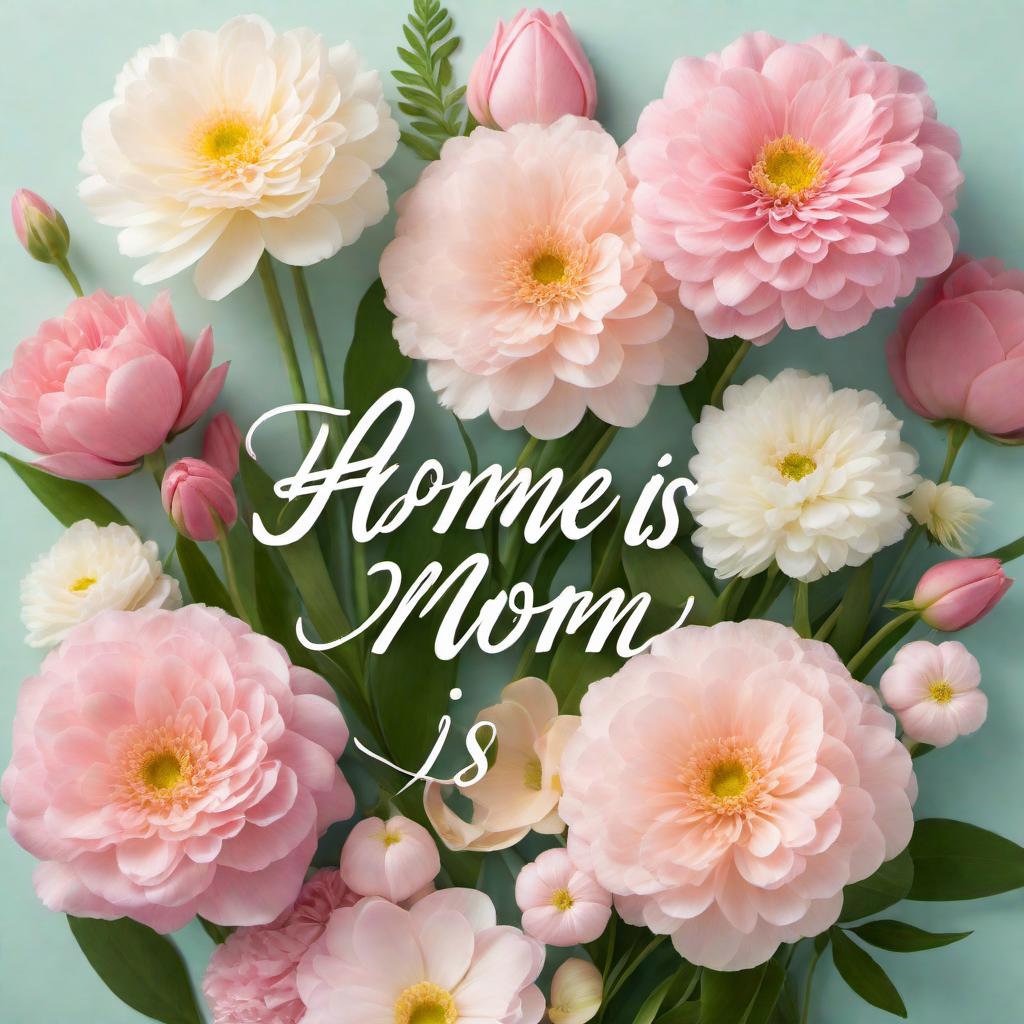  Create an image featuring a heartwarming Mother's Day special quote: 'Home is where Mom is.' The image should be visually appealing, with a delicate floral background to give it a gentle and caring touch. The text should be in a beautiful script font that is easy to read, and the overall color scheme should evoke warmth and love, ideally in soft pastel colors. hyperrealistic, full body, detailed clothing, highly detailed, cinematic lighting, stunningly beautiful, intricate, sharp focus, f/1. 8, 85mm, (centered image composition), (professionally color graded), ((bright soft diffused light)), volumetric fog, trending on instagram, trending on tumblr, HDR 4K, 8K