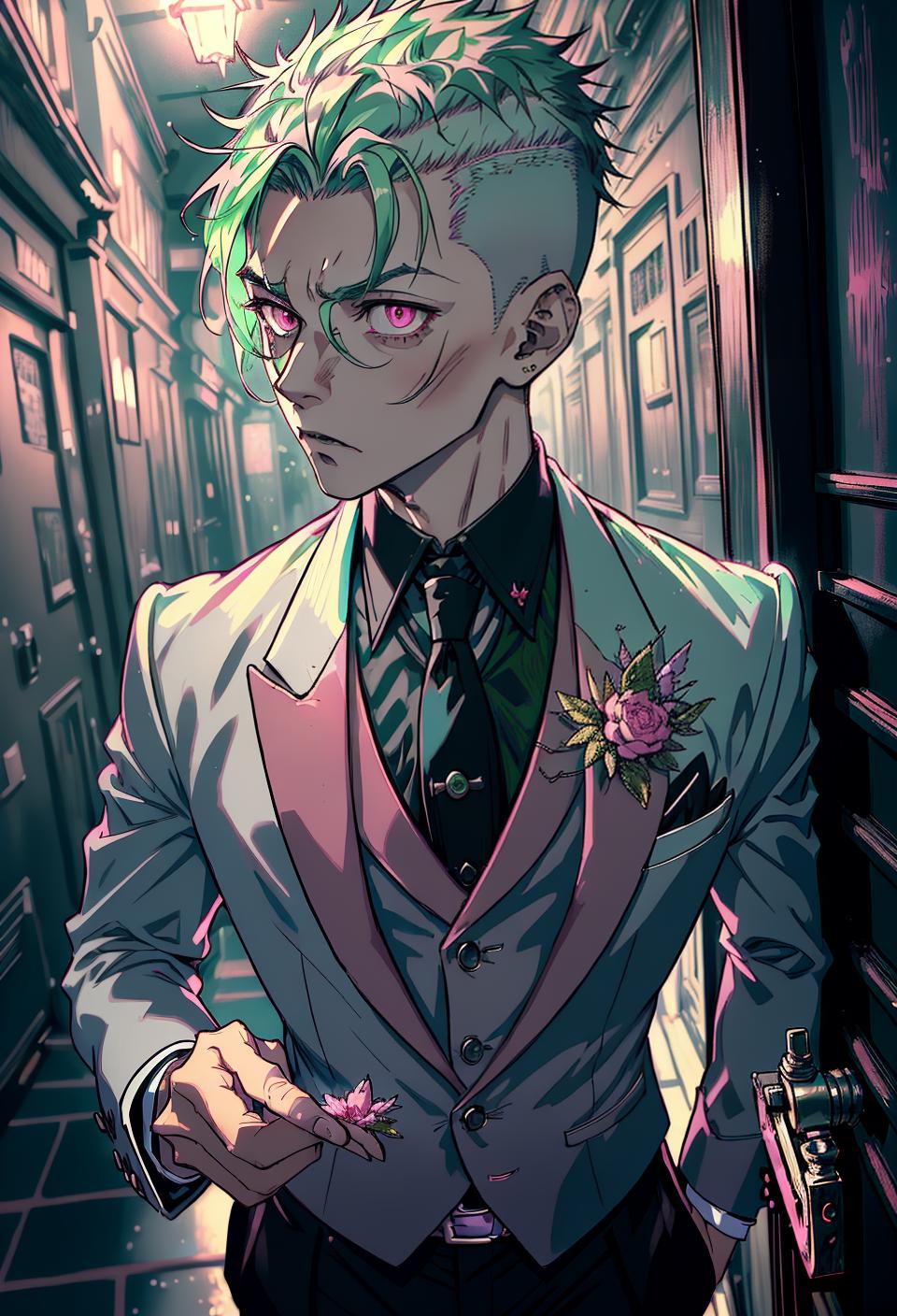  ((trending, highres, masterpiece, cinematic shot)), 1boy, mature, male formal wear, graveyard scene, very short spiked light green hair, shaved head, large pink eyes, personality, scared expression, grey skin, orderly, limber