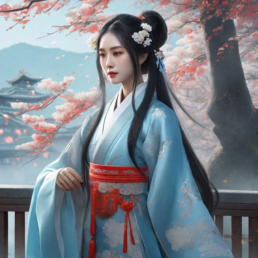  masterpiece, best quality, (Fidelity: 1.4), Best Quality, Masterpiece, Ultra High Resolution, Poster, Fantasy Art, Very Detailed Faces, 8k resolution, Chinese Style, An woman, Side Face, Quiet, Light Blue Hanfu, Tulle Coat, Long Black Hair, Light Blue Fringed Hair Ornament, Hairpin, White Ribbon, White Flower Bush, Light Blue Butterfly Flying, cinematic lighting effects