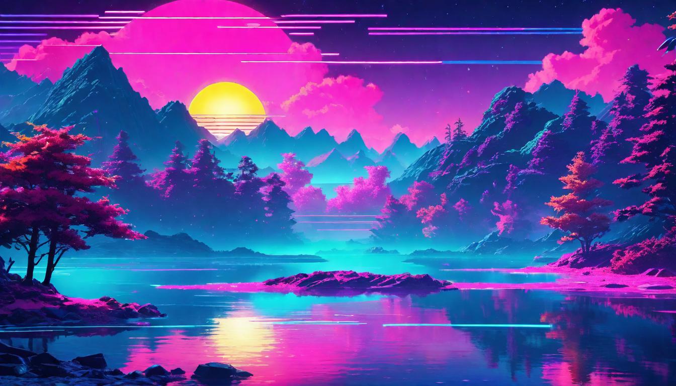  vaporwave,cyberpunk game style A serene lake under a moonlit sky, reflecting the burdens like stones skimming the surface, a quiet release, ephemeral ripples in the calmeon, dystopian, futuristic, digital, vibrant, detailed, high contrast, reminiscent of cyberpunk genre video games,retro aesthetic, cyberpunk, vibrant, neon colors, vintage 80s and 90s style, highly detailed