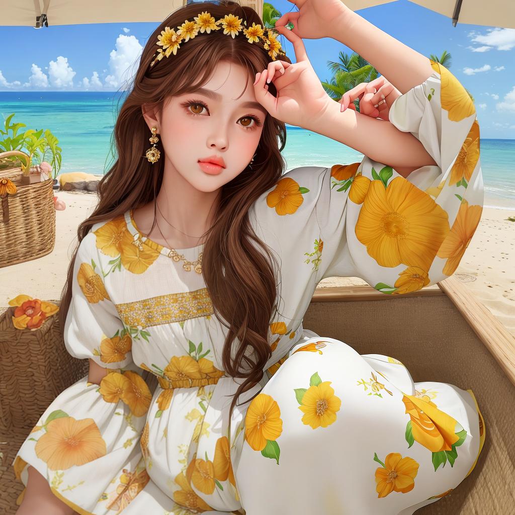  masterpiece, best quality, leo goddess, female, small amber eyes, big pout lips, medium brown hair, big cheeks, beach, summer, flowery summer dress