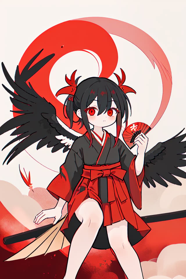  Tengu, wearing a long hem hakama, red tengu wings growing on your back, little girl, legs, black hair and fan