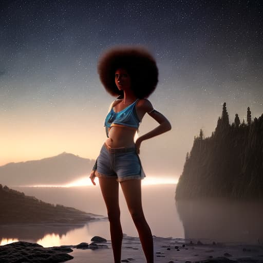 redshift style Pretty girl with afro  studying a  room at night with stars in the sky the planets, skies, fireflies  ultra detailed vivid colors