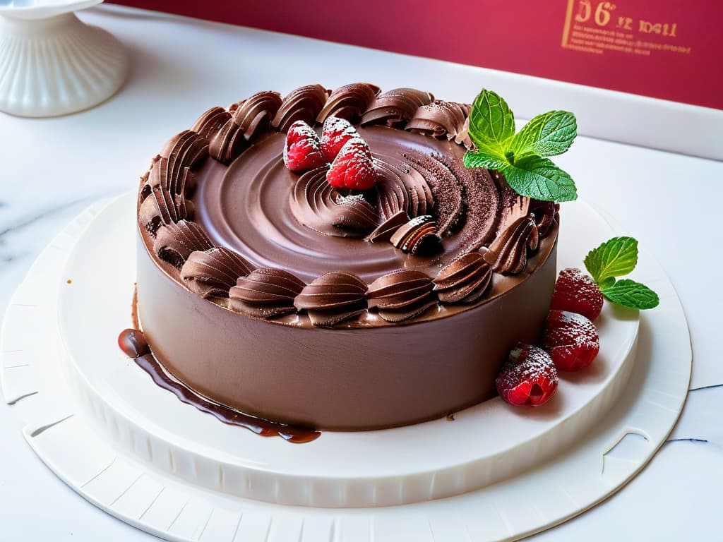  A closeup, ultradetailed image of a decadent, nobake chocolate cheesecake with a smooth, glossy ganache topping, adorned with fresh raspberries and mint leaves on a crisp white porcelain plate. The dessert sits on a marble countertop, showcasing intricate swirls and textures on the creamy cheesecake, with the vibrant red of the raspberries popping against the lush green of the mint leaves. The natural light filtering through a nearby window casts soft shadows, highlighting the rich colors and inviting textures of the dessert. hyperrealistic, full body, detailed clothing, highly detailed, cinematic lighting, stunningly beautiful, intricate, sharp focus, f/1. 8, 85mm, (centered image composition), (professionally color graded), ((bright soft diffused light)), volumetric fog, trending on instagram, trending on tumblr, HDR 4K, 8K