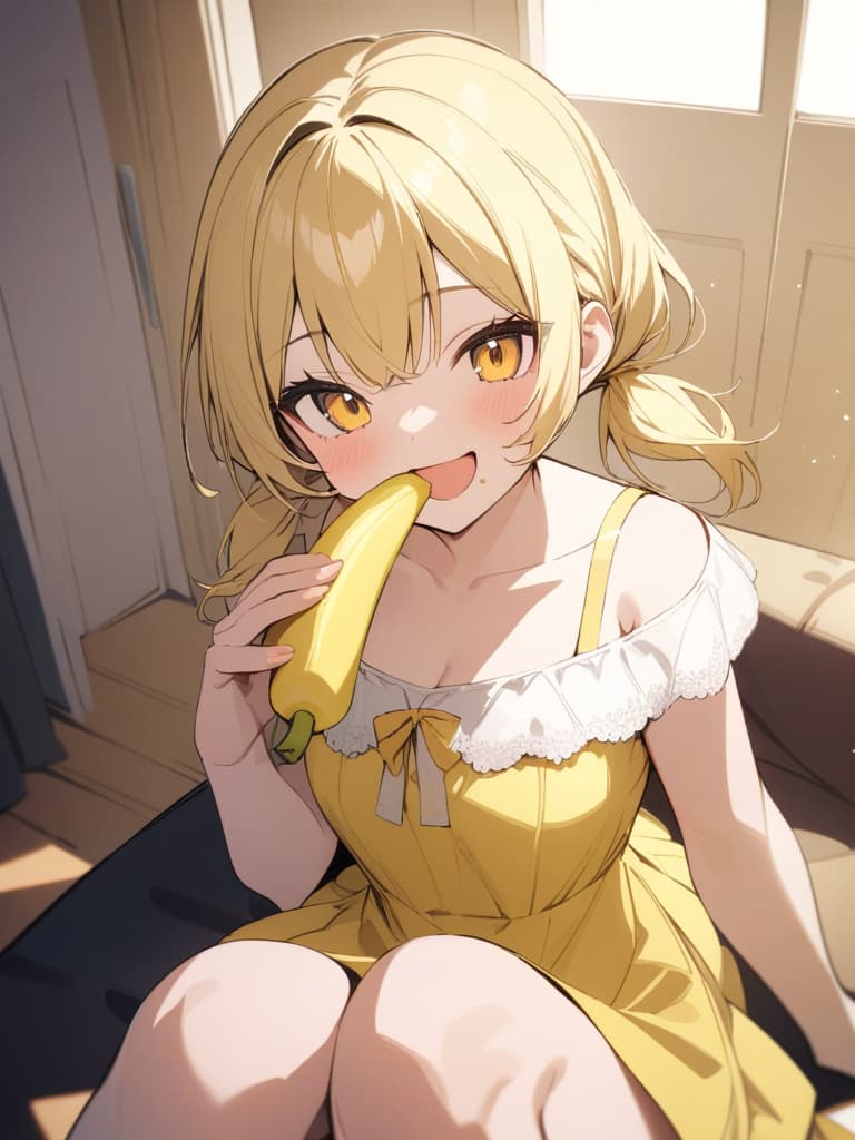  Yellow hair,yellow eyes,cute,smiling with open mouth,smiling,eating banana,holding a peeled banana,small pigtail twin tail,short twin tail,beautiful girl,yellow,yellow dress,yellow background,yellow tone、(absurd detailed:1.4、best quality:1.4、masterpiece:1.4)、, masterpiece, best quality,8k,ultra detailed,high resolution,an extremely delicate and beautiful,hyper detail