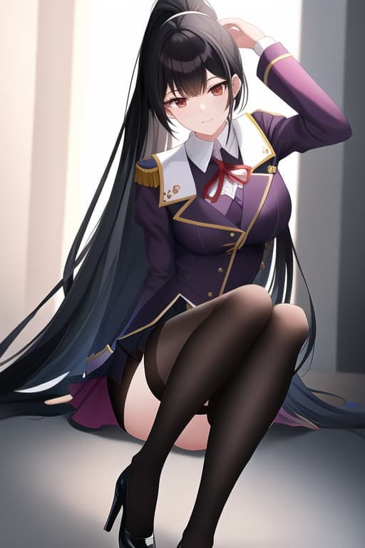  (:1.4), (:1.4), long black hair done in a ponytail, reading gles,  uniform, black stockings and high heels, masterpiece, (detailed face), (detailed clothes), f/1.4, ISO 200, 1/160s, 4K, unedited, symmetrical balance, in-frame, masterpiece, perfect lighting, (beautiful face), (detailed face), (detailed clothes), 1 , (woman), 4K, ultrarealistic, unedited, symmetrical balance, in-frame