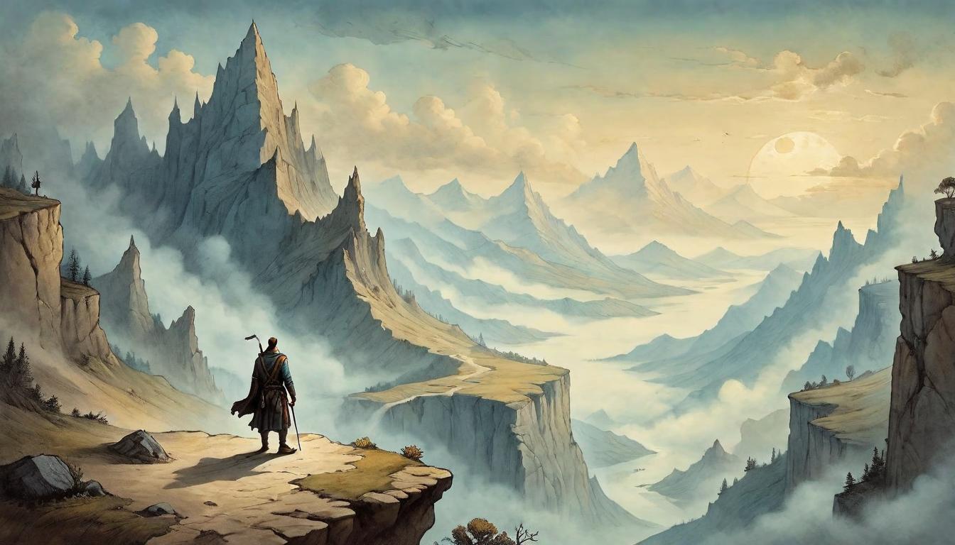  on parchment, surrealism+++, A traveler standing at the edge of a cliff, looking towards a distant peak, representing the challenging journey and the rewards, solitary, hopeful, journeying.(mysterious, provocative, symbolic,muted color)+++