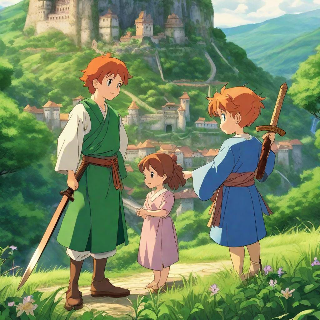  Prompt: In this enchanting image, two young children, a girl and a boy, stand before the majestic castle of Sussukakeri, nestled in a lush green valley. The ginger-haired boy, clad in a green humble tunic with a wooden sword by his side, possess an excited, yet determined expression, while the blue-eyed girl, dressed in a lavender dress and a crown of wildflowers, carries the glowing blue magic stone with pride and wonder in her eyes. They have just successfully conquered the trials of the castle and have found the magical blue stone. Their background is an open castle gate flanked by towering grey stones and entrance illuminated by torches. The castle gate is splendid with its arching towers and intricate, old stonework. A brilliantly lit hyperrealistic, full body, detailed clothing, highly detailed, cinematic lighting, stunningly beautiful, intricate, sharp focus, f/1. 8, 85mm, (centered image composition), (professionally color graded), ((bright soft diffused light)), volumetric fog, trending on instagram, trending on tumblr, HDR 4K, 8K