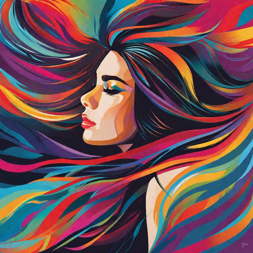  with vibrant abstract elements, Infuse a burst of vibrant colors into the canvas as you capture the dynamic movement of a girl's flowing hair, creating a lively and enchanting masterpiece.