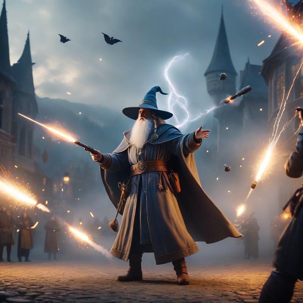  One wizard shoots at three flying magical projectiles. hyperrealistic, full body, detailed clothing, highly detailed, cinematic lighting, stunningly beautiful, intricate, sharp focus, f/1. 8, 85mm, (centered image composition), (professionally color graded), ((bright soft diffused light)), volumetric fog, trending on instagram, trending on tumblr, HDR 4K, 8K