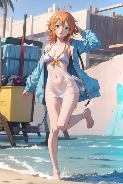  Nami from one piece tweaking in the rain on a beach, full body, sheer clothes, uncensored